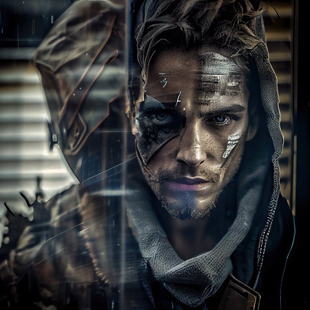 Portrait of a sci-fi cyberpunk hacker. High-tech futuristic man from the future. The concept of virtual reality and cyberpunk. Generative AI Art.の素材