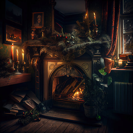 An abstract decorated Christmas tree in a festive room. The atmosphere of the Christmas holiday. Generative AI Artの素材