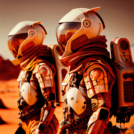 An astronauts on an alien planet. A high-tech astronauts from the future. The concept of space travel. Generative AI Artの素材