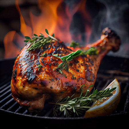 Christmas delicious juicy turkey. Holiday traditional dishes for Christmas or Thanksgiving. Generative AI Art.の素材