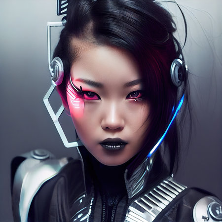 Portrait of a sci-fi cyberpunk girl. High-tech futuristic woman from the future. The concept of virtual reality and cyberpunk. Generative AI Art.の素材