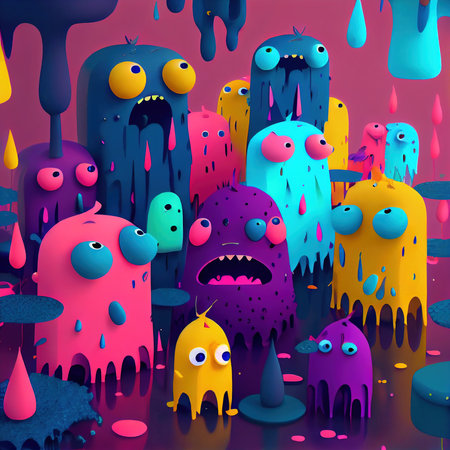 Abstract magical funny cartoon monsters. Lots of colored paint, ink, funny monsters and rainbow colors. Colorful wonderful surrealism of dreams. The concept of dreams and illusions. Generative AI Artの素材