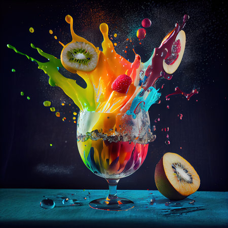 The tastiest fruit cocktail. An explosion of flavor. A cocktail of different fruits. Delicious fruit in a smoothie. Generative AI Artの素材