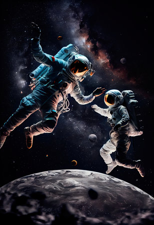 Two astronauts flying in zero gravity. High-tech astronauts from the future. The concept of space travel. Generative AI Artの素材