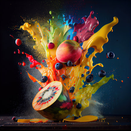 The tastiest fruit cocktail. An explosion of flavor. A cocktail of different fruits. Delicious fruit in a smoothie. Generative AI Artの素材
