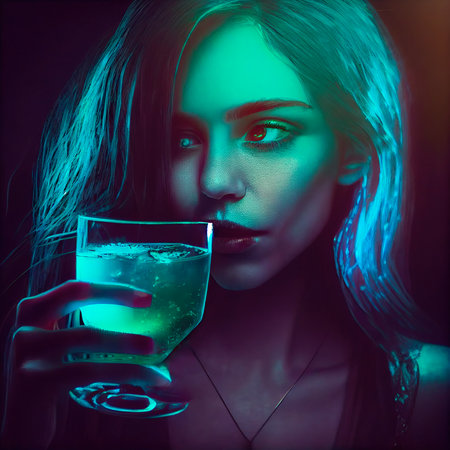 An abstract portrait of a beautiful fictional girl with a cocktail. A fashionable pretty woman. Creative pretty girl. Generative AI Art.の素材
