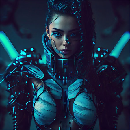 Portrait of a sci-fi cyberpunk girl. High-tech futuristic woman from the future. The concept of virtual reality and cyberpunk. Generative AI Art.の素材