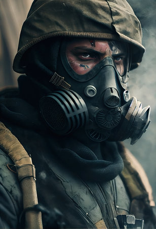 Portrait of a surviving stalker soldier in an old gas mask against an apocalyptic background. Survivor of nuclear war. The concept of the post-apocalypse. Generative AI Artの素材
