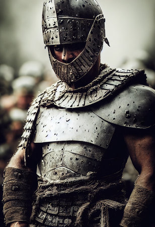 Portrait of an ancient male warrior in ancient warrior armor. The concept of an ancient brave warrior. Generative AI Artの素材