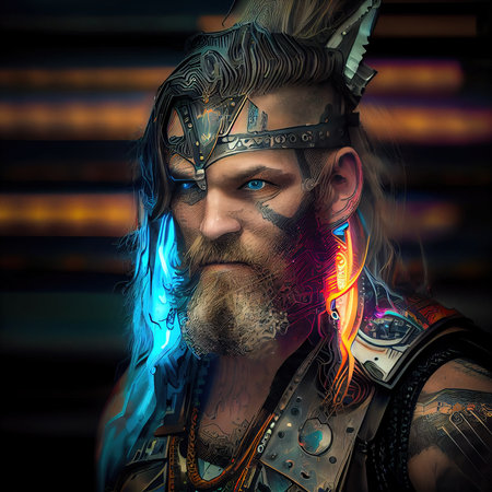 Portrait of an ancient barbarian warrior. The concept of an ancient brave warrior. Generative AI Art.の素材
