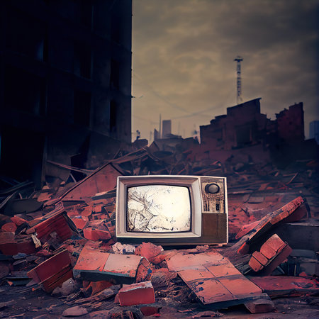 An old TV lying on the ruins of a house. A post-apocalyptic ruined city. Destroyed buildings, mountains of rubble and debris. The concept of the apocalypse. Generative AI Artの素材