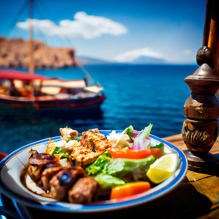 An assortment of Greek dishes with the sea and the sunny sky as a backdrop. Generative AI Art,の素材