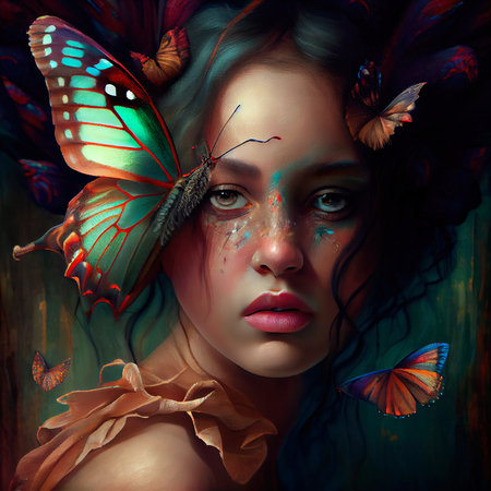A beautiful woman is surrounded by many butterflies. Nice girl and beautiful butterflies. Generative AI Art.の素材