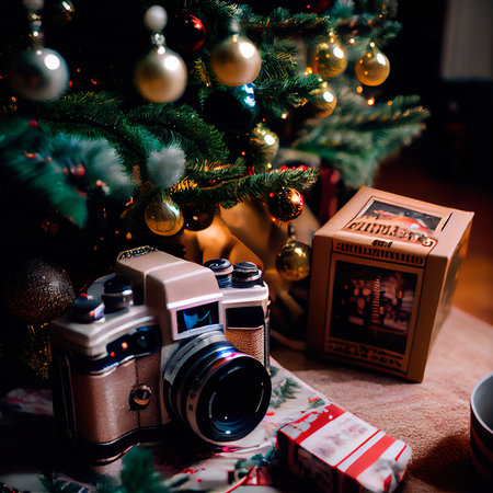 Christmas gifts on festive background. Boxes of gifts on the table. Christmas atmosphere. Generative AI Artの素材