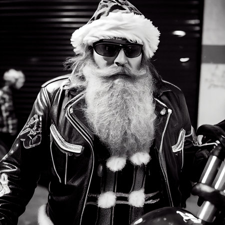 A quirky old bearded Santa Claus rockenroller. A winter holiday concept. Generative AI Artの素材