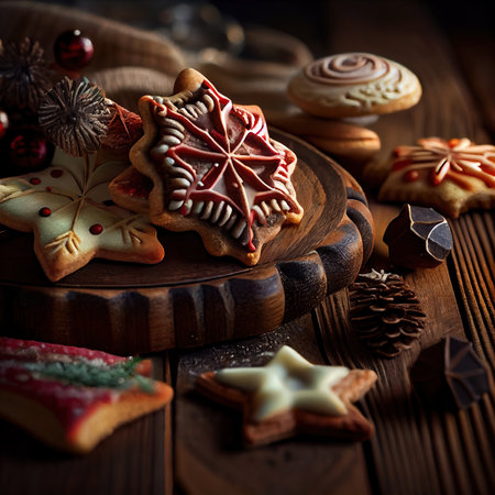 Delicious homemade Christmas cookies and other Christmas treats, close-up view. Generative AI Artの素材