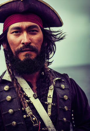Portrait of a brave pirate on the background of the sea. A pirate in traditional pirate clothing. Generative AI Artの素材