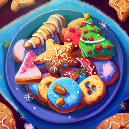 Delicious homemade Christmas cookies and other Christmas treats, close-up view. Generative AI Artの素材