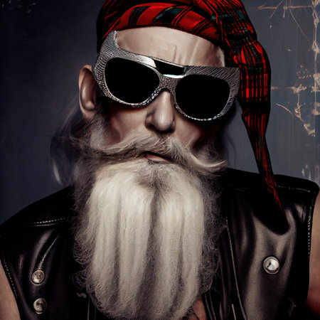 A quirky old bearded Santa Claus rockenroller. A winter holiday concept. Generative AI Artの素材
