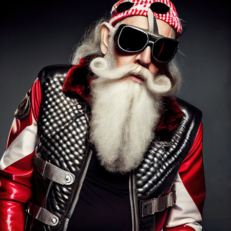 A quirky old bearded Santa Claus rockenroller. A winter holiday concept. Generative AI Artの素材