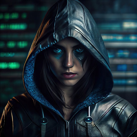 Portrait of a sci-fi cyberpunk hacker girl. High-tech futuristic woman from the future. The concept of virtual reality and cyberpunk. Generative AI Art.の素材