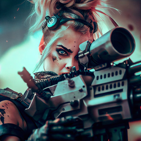 Portrait of a sci-fi cyberpunk warrior. High-tech futuristic man from the future. The concept of virtual reality and cyberpunk. Generative AI.の素材