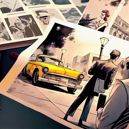 A top view of the artists workstation with samples of drawings and pencils. Artist at work. Generative AI.の素材