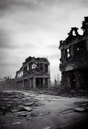 A post-apocalyptic ruined city. Destroyed buildings, destroyed roads, blown up skyscrapers. The concept of the apocalypse. Generative AIの素材