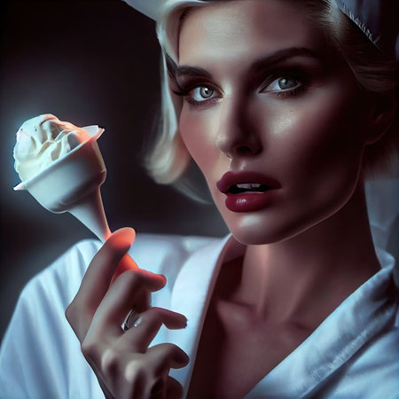 A nurse with ice cream in her hand. The nurse prepares to eat delicious ice cream. Generative AI Artの素材