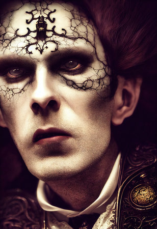 Mystical creepy man with frightening makeup. Gothic mystery man. Generative AIの素材
