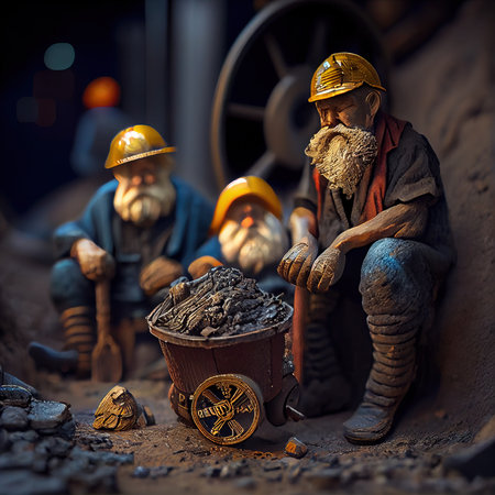 Toy miners in the mine. Puppet Miners mining for minerals. Generative AI.の素材