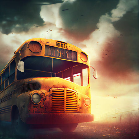 Abandoned yellow school bus in an apocalyptic landscape. Post-apocalyptic atmosphere. Generative AIの素材
