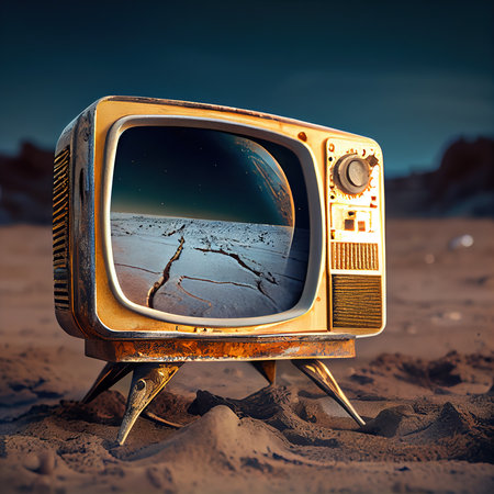 An old TV lying on the ruins of a house. A post-apocalyptic ruined city. Destroyed buildings, mountains of rubble and debris. The concept of the apocalypse. Generative AIの素材
