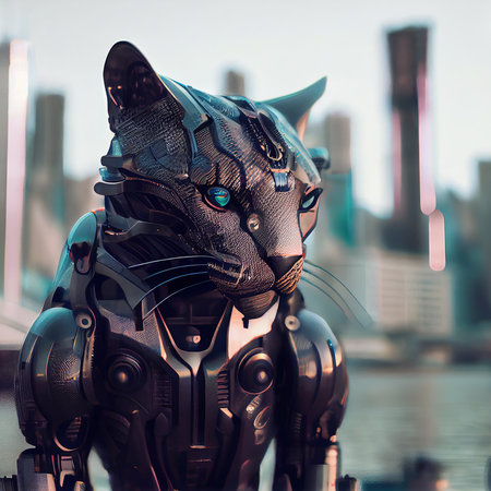 Portrait of a futuristic robot cat. An artistic abstract cyberpunk fantasy. Concept of a cyber cat. Generative AIの素材