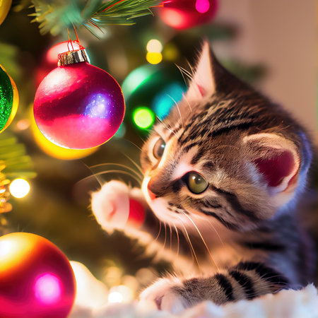 Cute kitten playing with Christmas tree toys. Cute little kitten. Generative AI.の素材