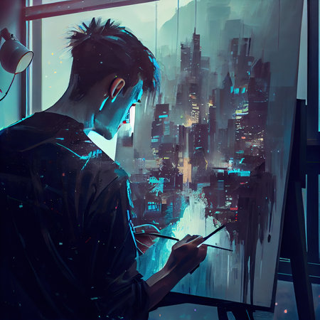 Artist at work. A view of the artists workstation with samples of drawings and pencils. Generative AI.の素材