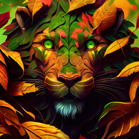 Portrait of a beautiful lion with a red mane surrounded by autumn leaves. A drawn lion with a thick mane. Generative AIの素材