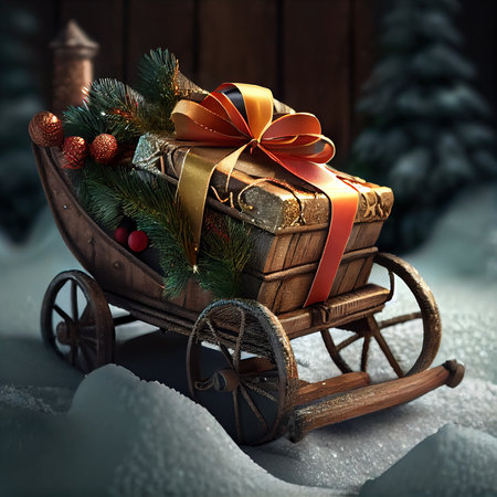 Christmas presents in a childs vintage stroller. Boxes of gifts. Christmas atmosphere. Generative AIの素材