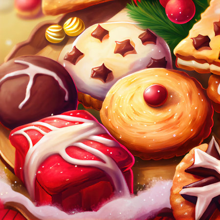 Delicious homemade Christmas cookies and other Christmas treats, close-up view. Generative AIの素材