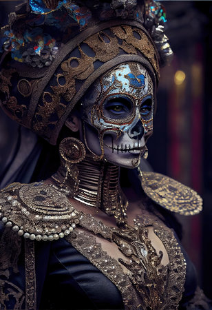A beautiful Mexican woman in a mariachi costume, wearing a hat and with a drawing of a skull on her face. Mexican holiday concept. Generative AIの素材