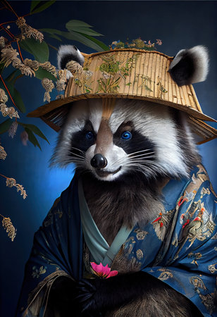 Portrait of an ancient samurai warrior Raccoon in ancient warrior armor. The concept of the ancient brave warrior. Generative AIの素材