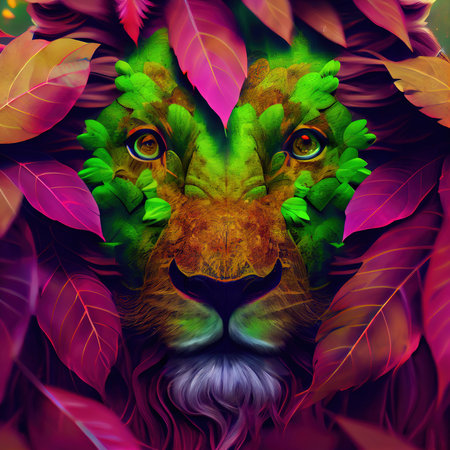 Portrait of a beautiful lion with a red mane surrounded by autumn leaves. A drawn lion with a thick mane. Generative AIの素材