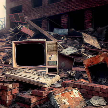 An old computer lying on the ruins of a house. A post-apocalyptic ruined city. Destroyed buildings, mountains of rubble and debris. The concept of the apocalypse. Generative AIの素材