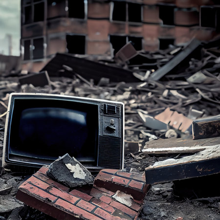 An old TV lying on the ruins of a house. A post-apocalyptic ruined city. Destroyed buildings, mountains of rubble and debris. The concept of the apocalypse. Generative AIの素材