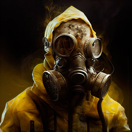 Portrait of a surviving stalker in an old gas mask against an apocalyptic background. Survivor of nuclear war. The concept of the post-apocalypse. Generative AIの素材