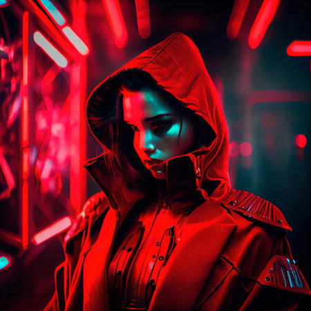 Portrait of a sci-fi cyberpunk girl. High-tech futuristic woman from the future. The concept of virtual reality and cyberpunk. Generative AI.の素材