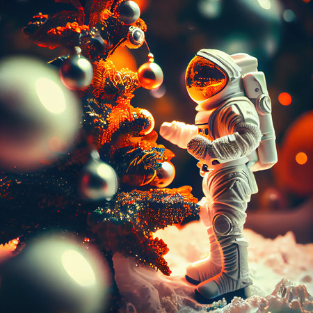 An astronaut celebrates Christmas on an alien planet. A high-tech astronaut from the future. The concept of space travel. Generative AIの素材