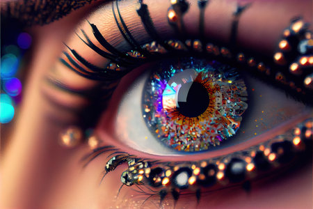 Fantasy eye with beautiful makeup close-up. The eye of a fashionable woman with bright colors. Generative AI.の素材