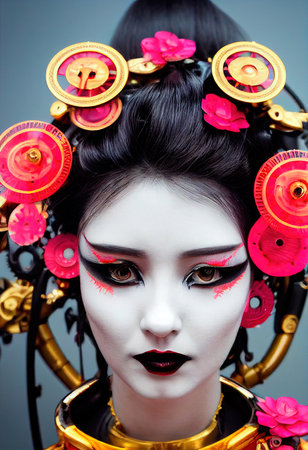 Portrait of a futuristic female robot. An artistic abstract cyberpunk fantasy. Concept of a modern robot. Generative AIの素材