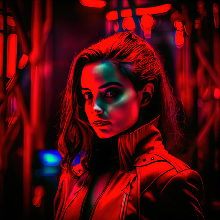Portrait of a sci-fi cyberpunk girl. High-tech futuristic woman from the future. The concept of virtual reality and cyberpunk. Generative AI.の素材